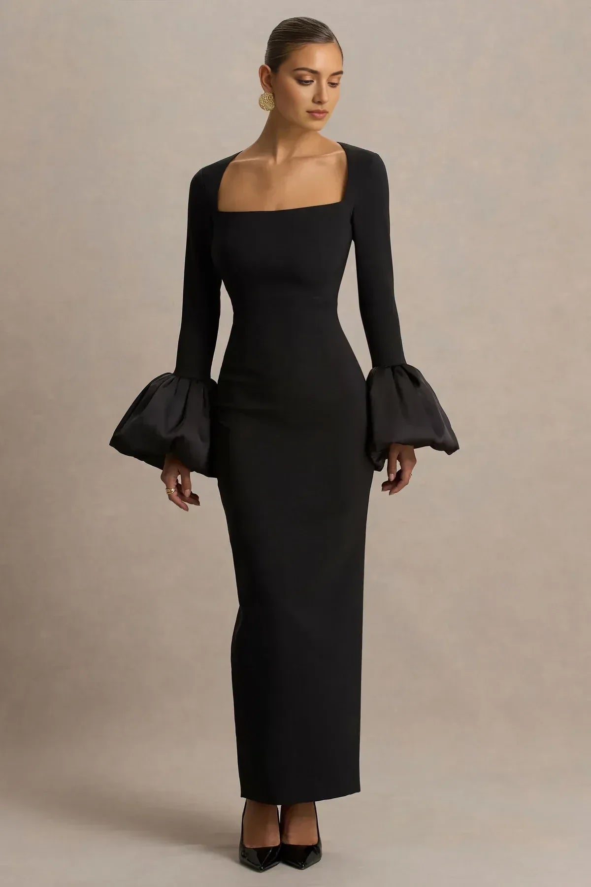 Stylish Sheath Square Neck Bell Sleeve Zip Back Floor Length Evening Dress