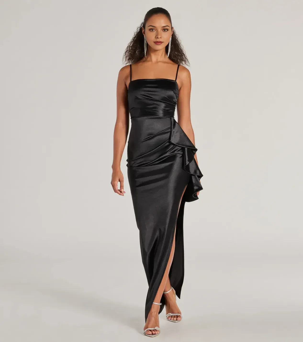 Stylish Sheath Square Neck Sleeveless Ruffle Side Zipper Back Floor Length Prom Dress