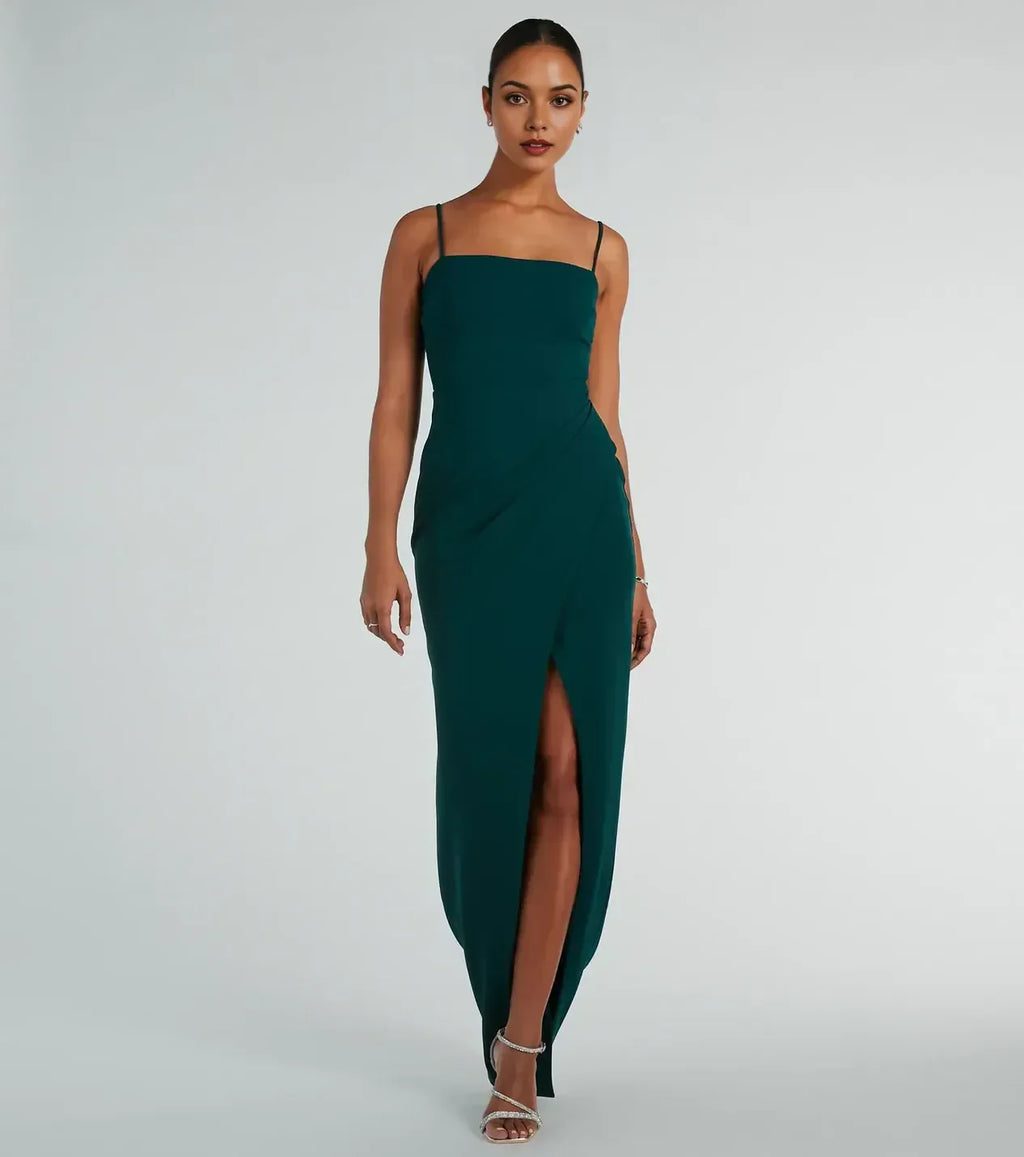 Stylish Sheath Square Neck Spaghetti Strap Zipper Back Floor Length Prom Dress