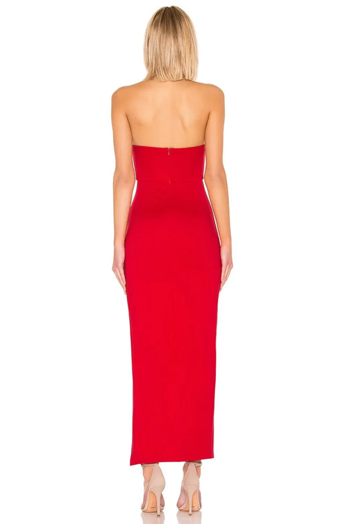 Robe de soirée fourreau élégante, bustier, fendue asymétrique, longueur ras du sol