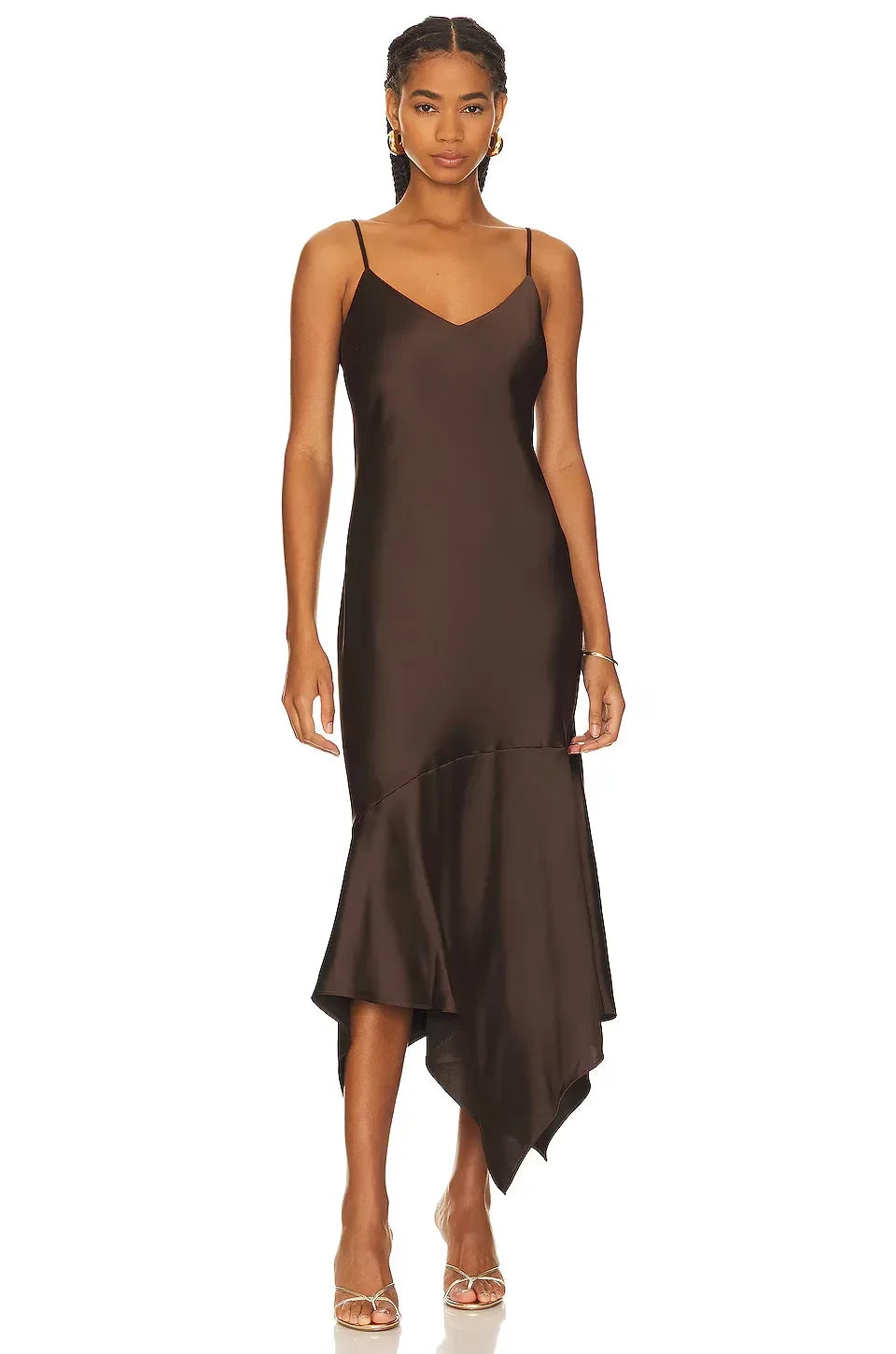 Stylish Sheath V Neck Sleeveless Asymmetric Hem Midi Length Evening Dress