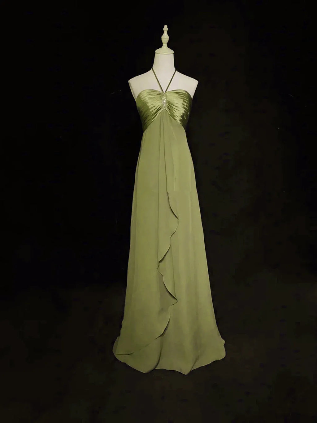 Sage Green Prom Dress A Line Halter Neck Ruched Backless Chiffon Satin Formal Gown For Women
