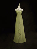 Sage Green Prom Dress A Line Halter Neck Ruched Backless Chiffon Satin Formal Gown For Women