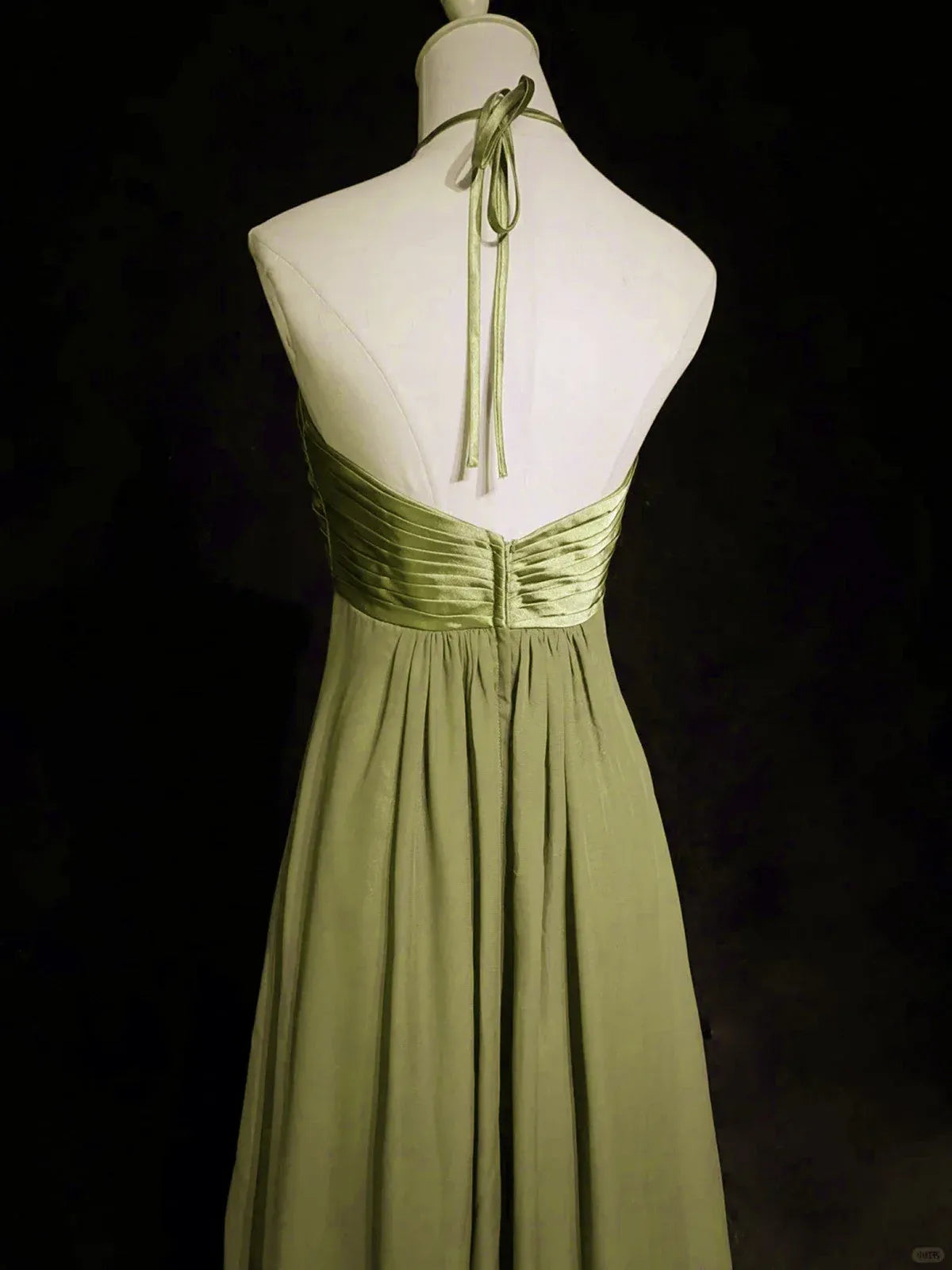 Sage Green Prom Dress A Line Halter Neck Ruched Backless Chiffon Satin Formal Gown For Women