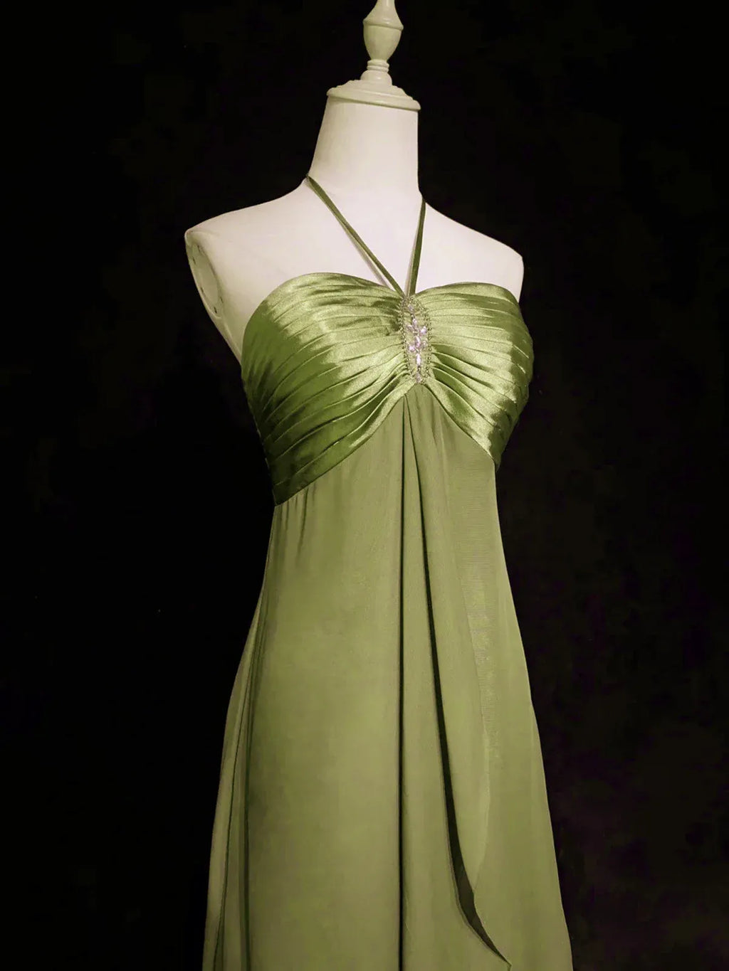 Sage Green Prom Dress A Line Halter Neck Ruched Backless Chiffon Satin Formal Gown For Women