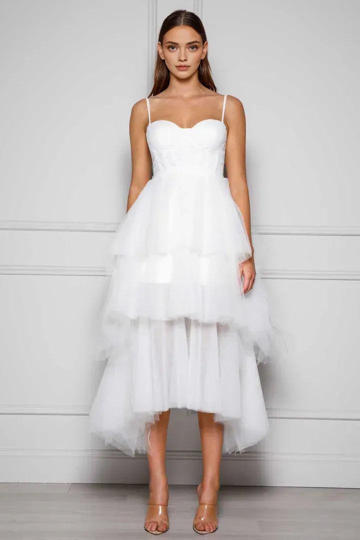 A-Line Spaghetti Straps Sleeveless Tea-Length Wedding Dress