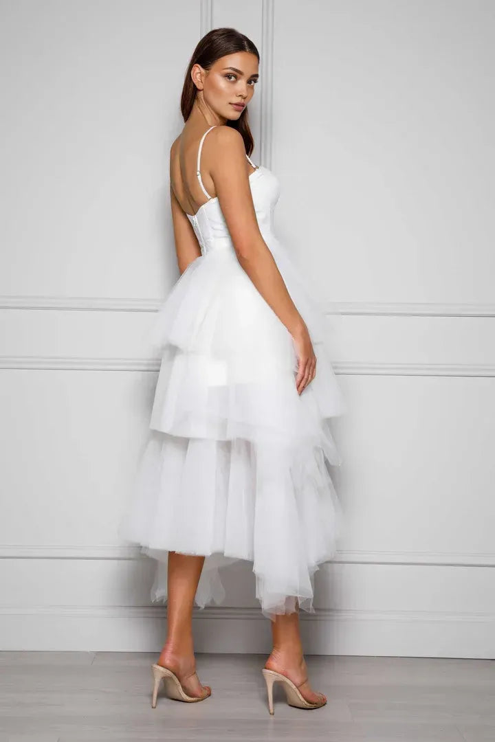 A-Line Spaghetti Straps Sleeveless Tea-Length Wedding Dress