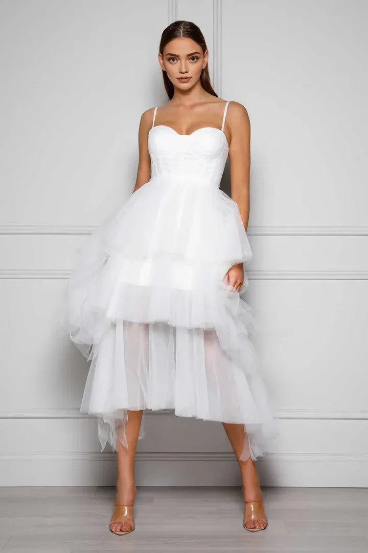 A-Line Spaghetti Straps Sleeveless Tea-Length Wedding Dress