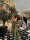 Prom Dress Olive Green Strapless Ruched Bodice Ruffle A Line Long Gown Cinched Waist For Prom Night