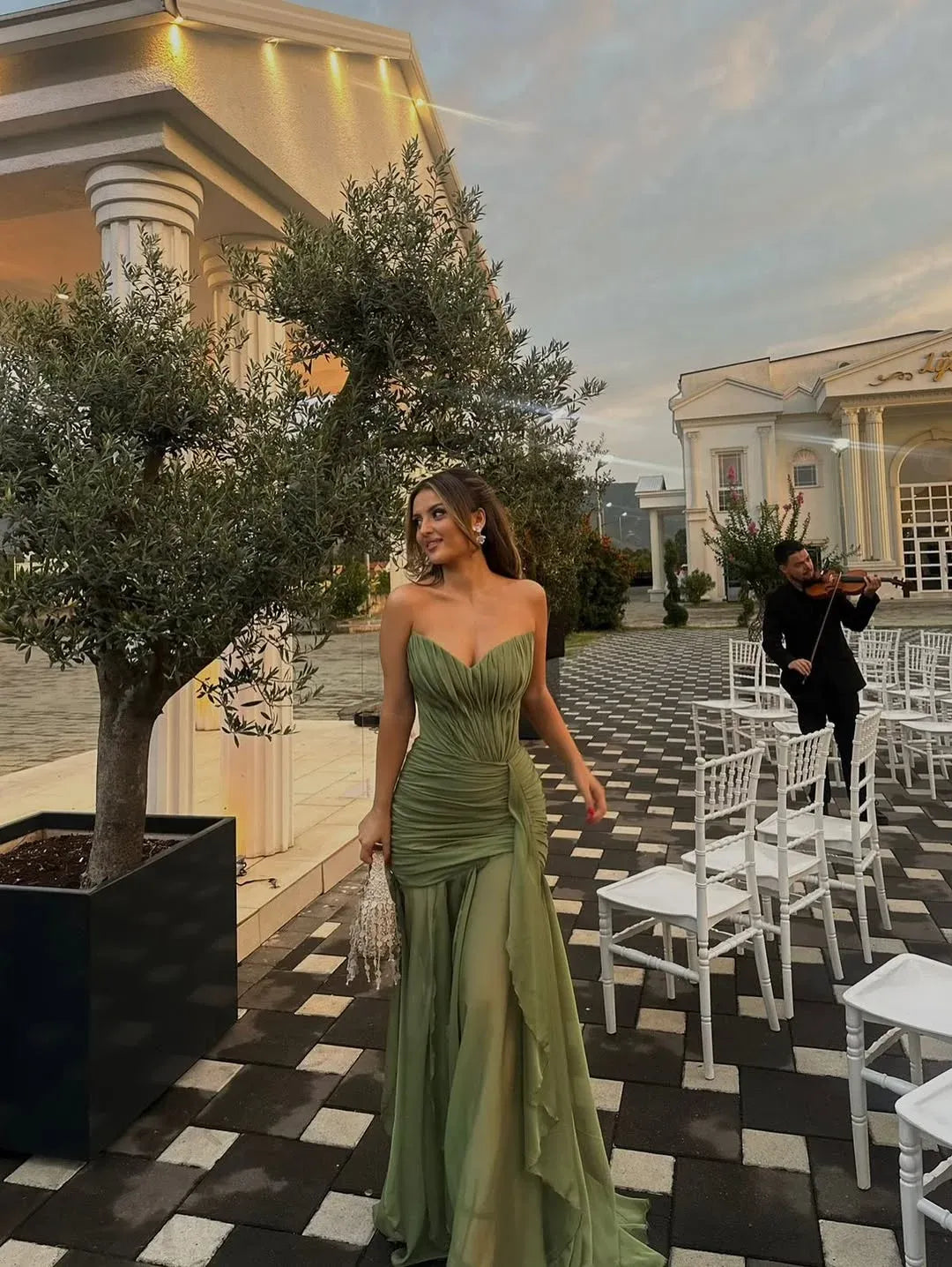 Prom Dress Olive Green Strapless Ruched Bodice Ruffle A Line Long Gown Cinched Waist For Prom Night