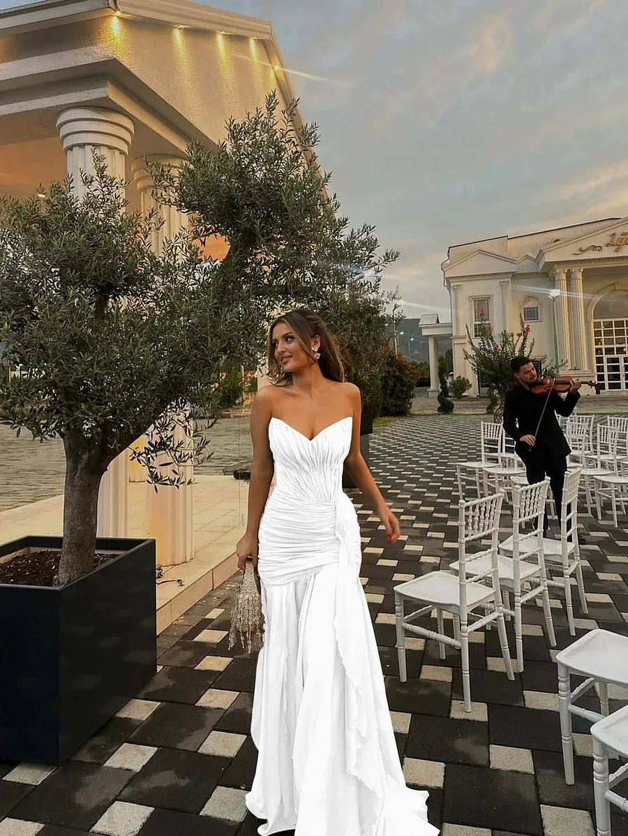 Prom Dress Olive Green Strapless Ruched Bodice Ruffle A Line Long Gown Cinched Waist For Prom Night