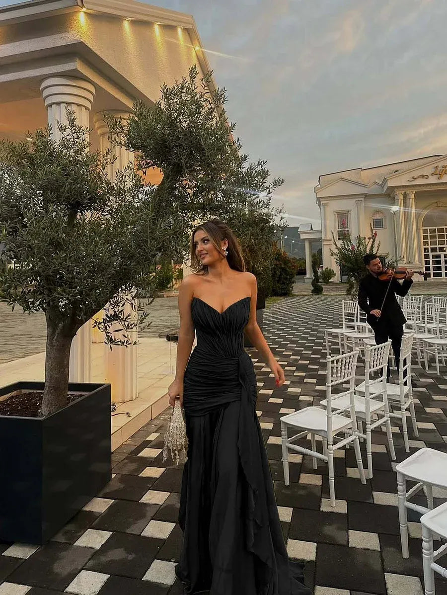 Prom Dress Olive Green Strapless Ruched Bodice Ruffle A Line Long Gown Cinched Waist For Prom Night
