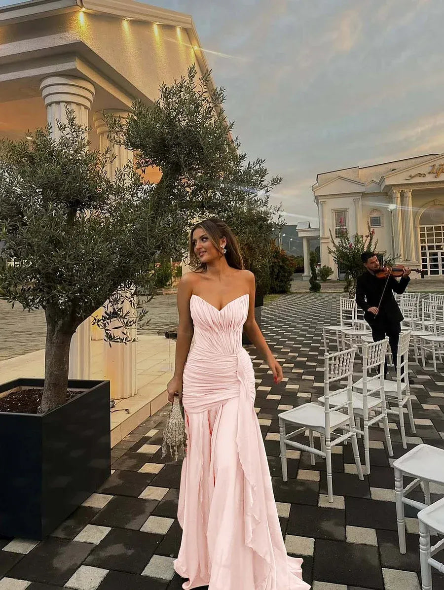Prom Dress Olive Green Strapless Ruched Bodice Ruffle A Line Long Gown Cinched Waist For Prom Night