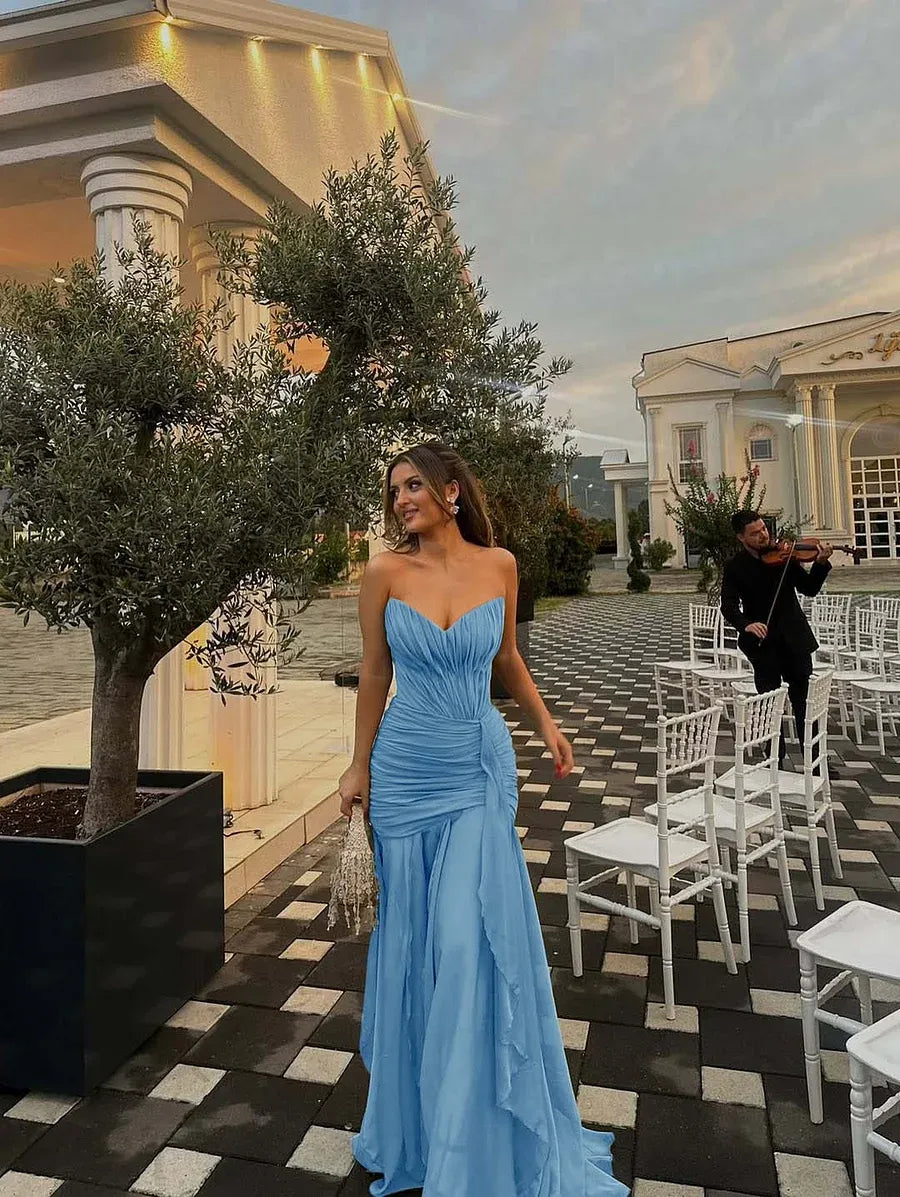 Prom Dress Olive Green Strapless Ruched Bodice Ruffle A Line Long Gown Cinched Waist For Prom Night