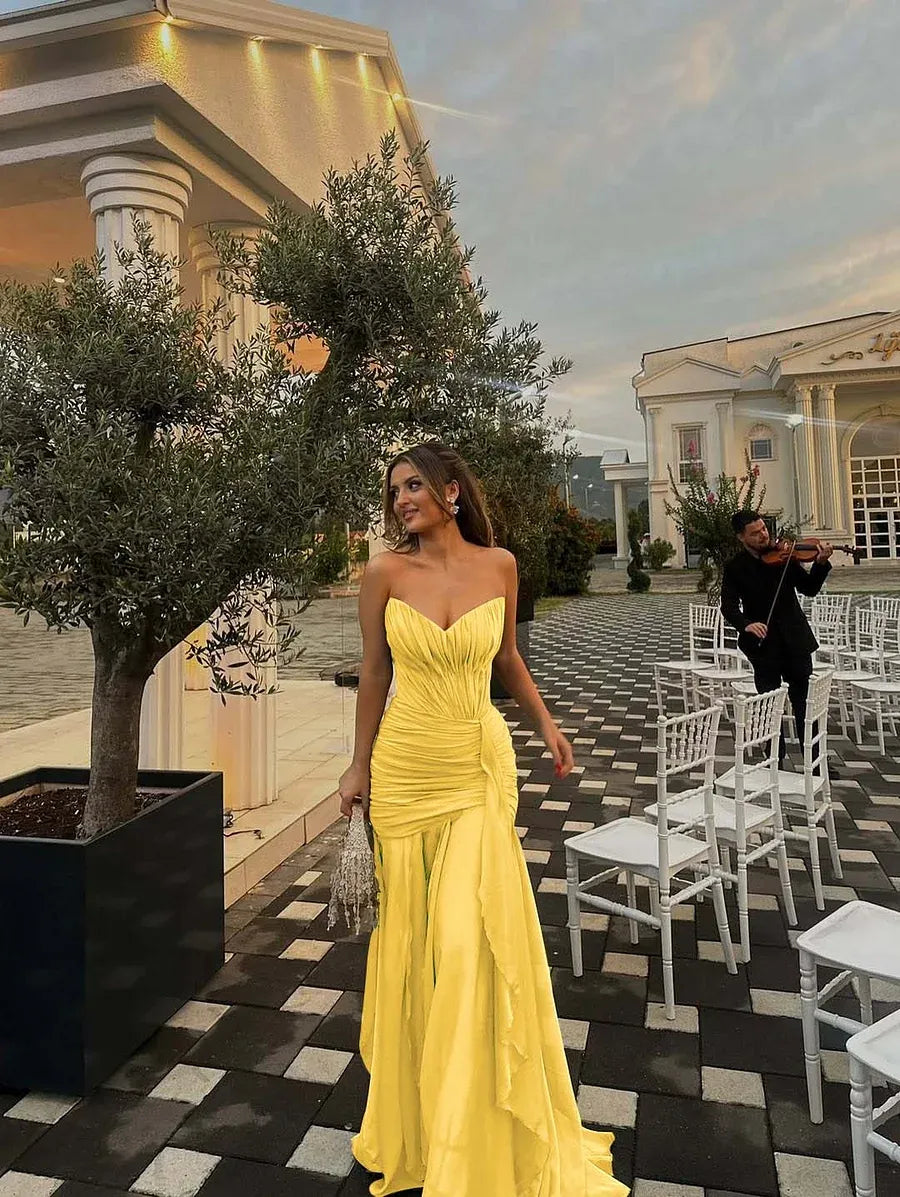 Prom Dress Olive Green Strapless Ruched Bodice Ruffle A Line Long Gown Cinched Waist For Prom Night