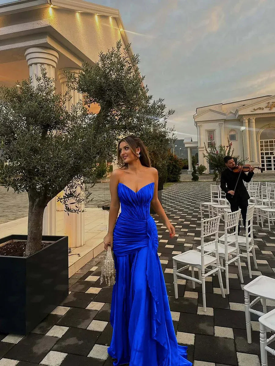 Prom Dress Olive Green Strapless Ruched Bodice Ruffle A Line Long Gown Cinched Waist For Prom Night