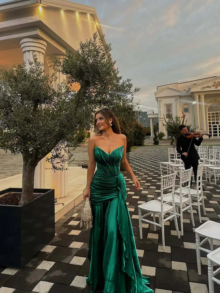 Prom Dress Olive Green Strapless Ruched Bodice Ruffle A Line Long Gown Cinched Waist For Prom Night