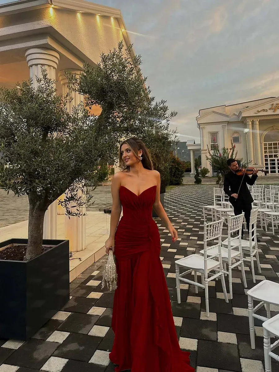 Prom Dress Olive Green Strapless Ruched Bodice Ruffle A Line Long Gown Cinched Waist For Prom Night