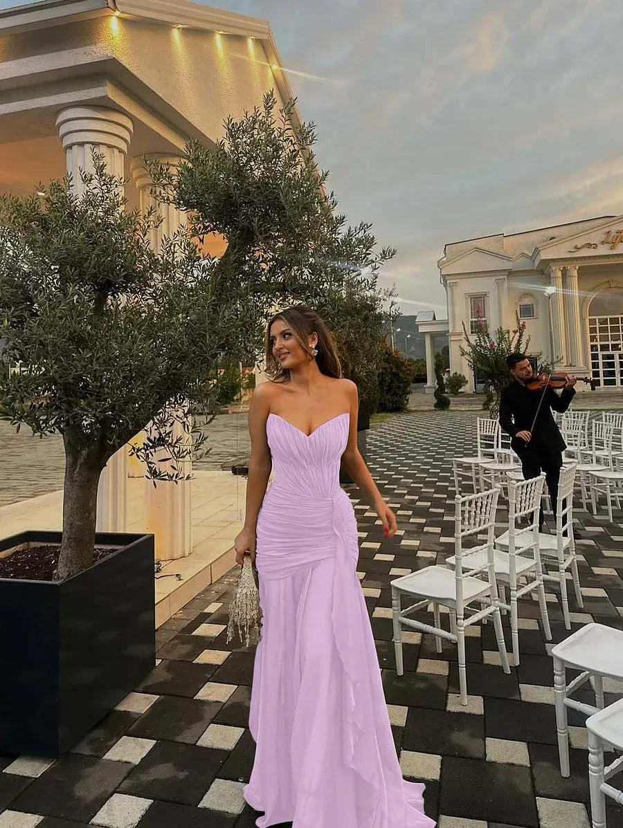 Prom Dress Olive Green Strapless Ruched Bodice Ruffle A Line Long Gown Cinched Waist For Prom Night