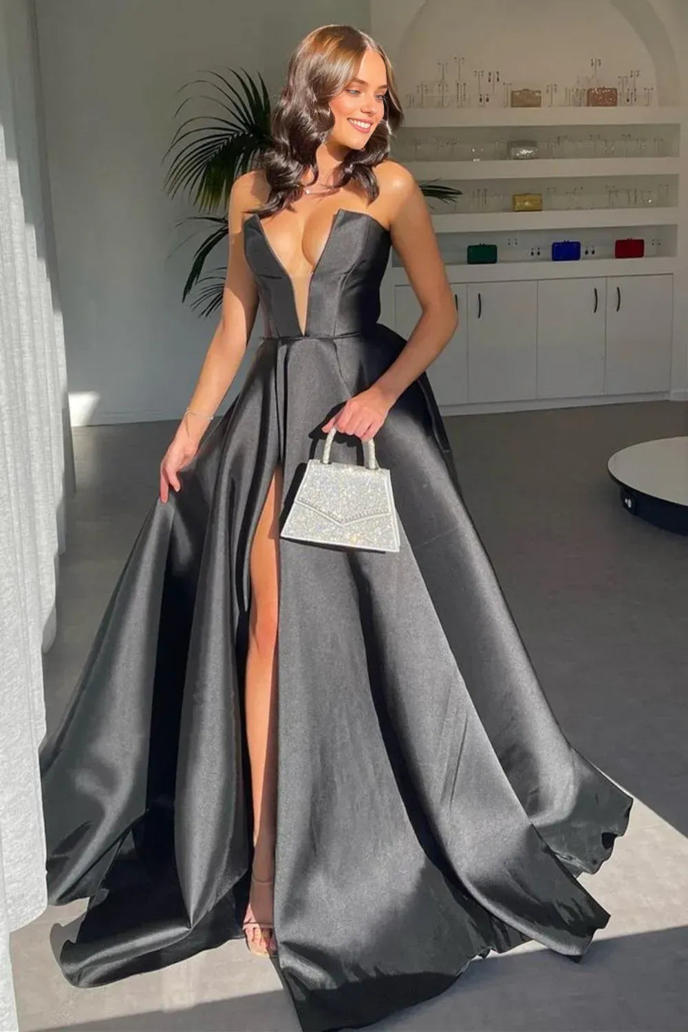 A Line Deep V Neck Split Floor-Length Prom Dress
