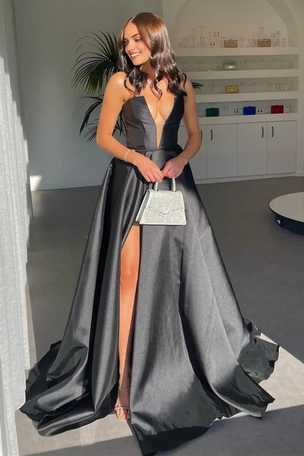 A Line Deep V Neck Split Floor-Length Prom Dress