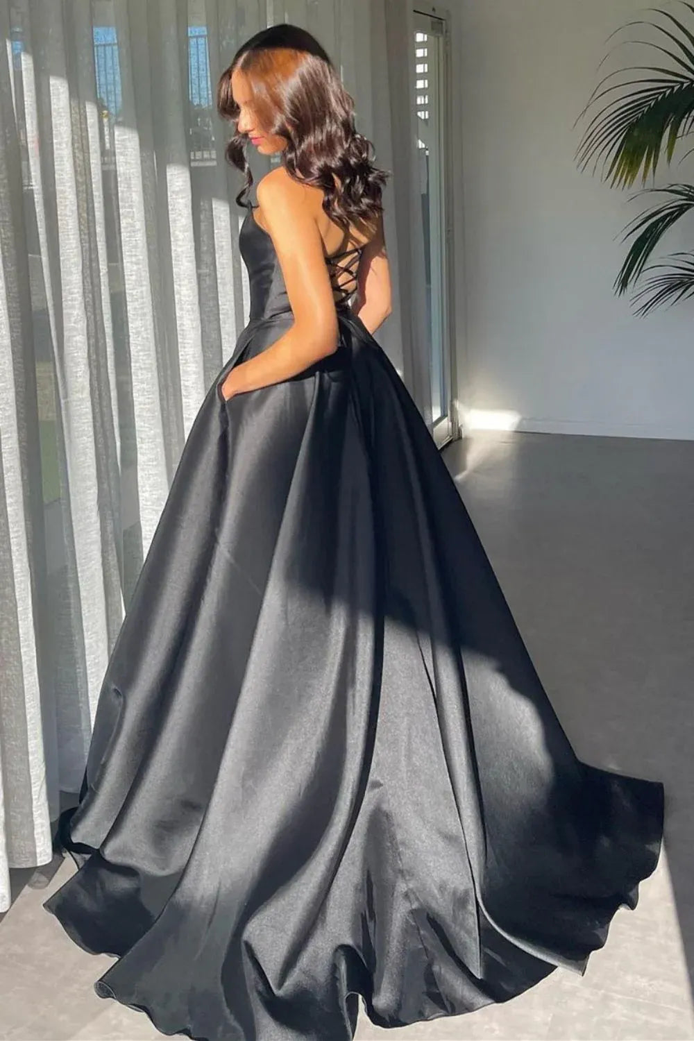 A Line Deep V Neck Split Floor-Length Prom Dress
