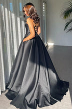 A Line Deep V Neck Split Floor-Length Prom Dress