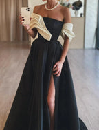 Stylish Ball Gown Off Shoulder Ruched Color Block Satin Black Prom Dress With High Slit