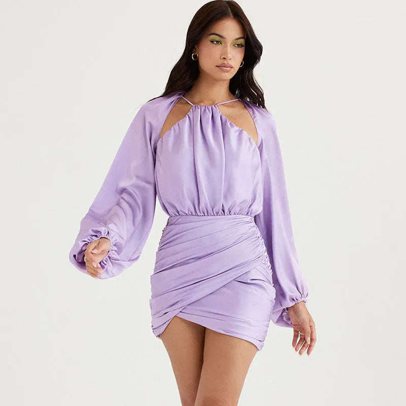 Lavender Bodycon Halter Long Sleeves Ruched Backless Mini Homecoming Dress
