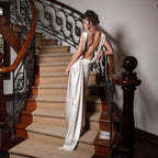 Prom Dress Ivory Satin Cowl Neck Open Back With Draped Bow Glamorous Floor Length For Prom Night