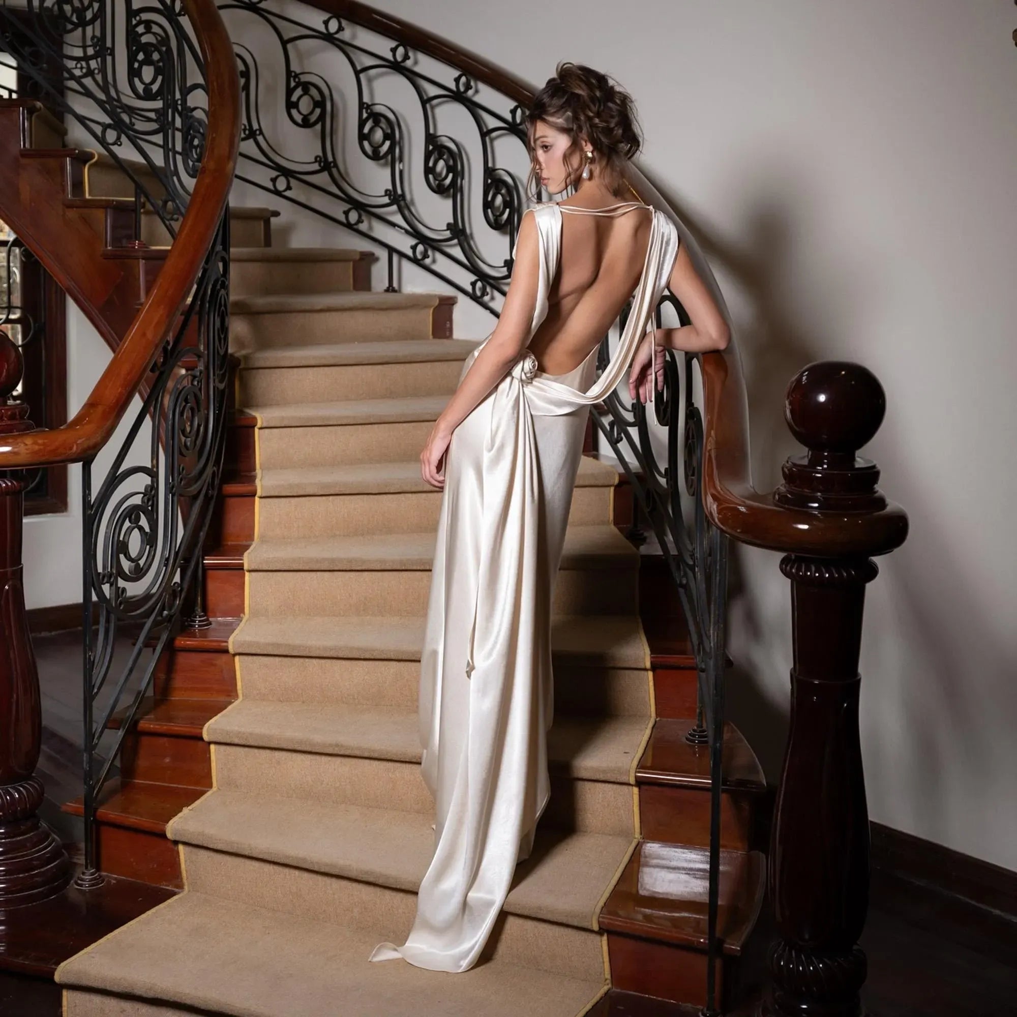 Prom Dress Ivory Satin Cowl Neck Open Back With Draped Bow Glamorous Floor Length For Prom Night