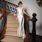Prom Dress Ivory Satin Cowl Neck Open Back With Draped Bow Glamorous Floor Length For Prom Night