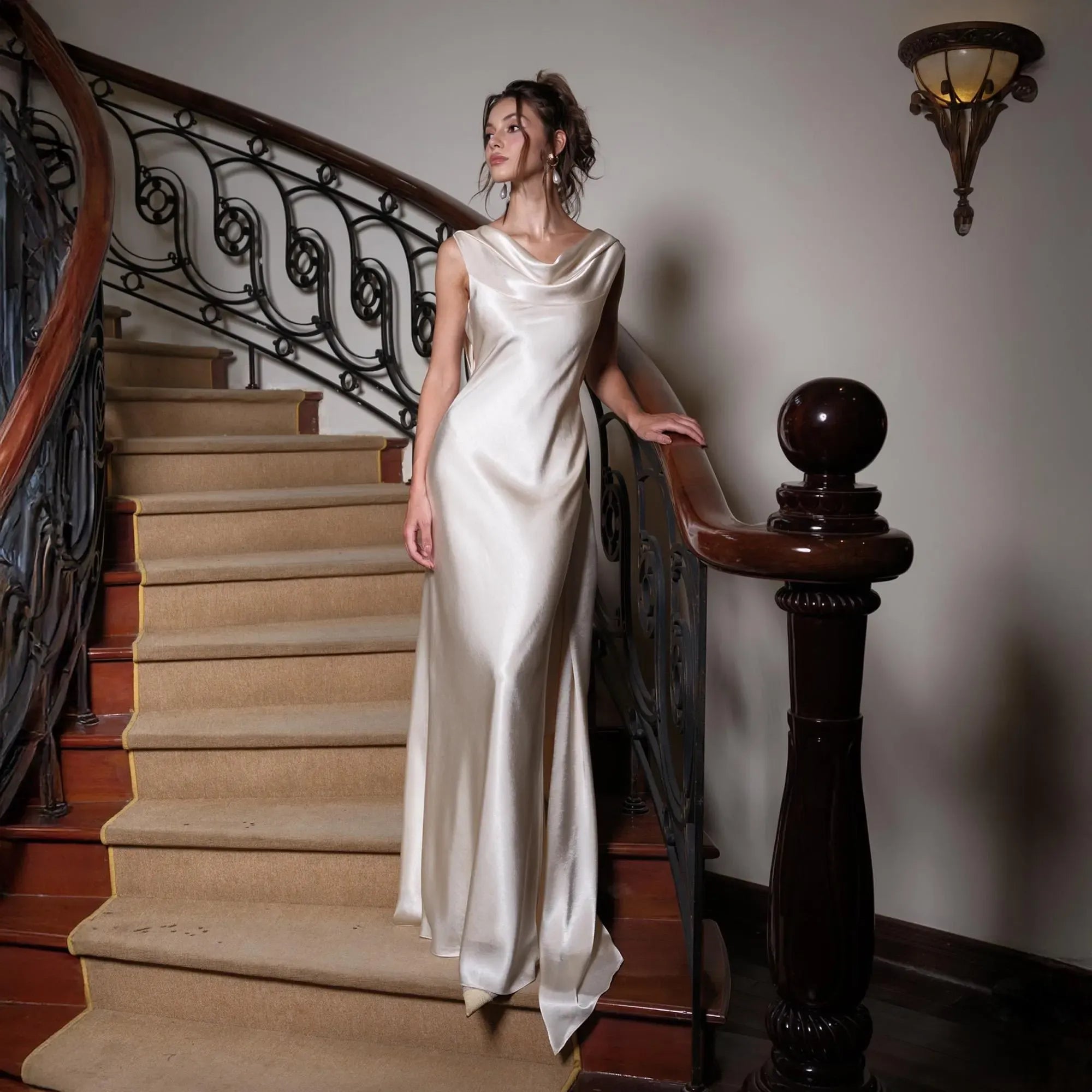 Prom Dress Ivory Satin Cowl Neck Open Back With Draped Bow Glamorous Floor Length For Prom Night