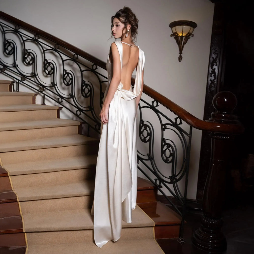 Prom Dress Ivory Satin Cowl Neck Open Back With Draped Bow Glamorous Floor Length For Prom Night