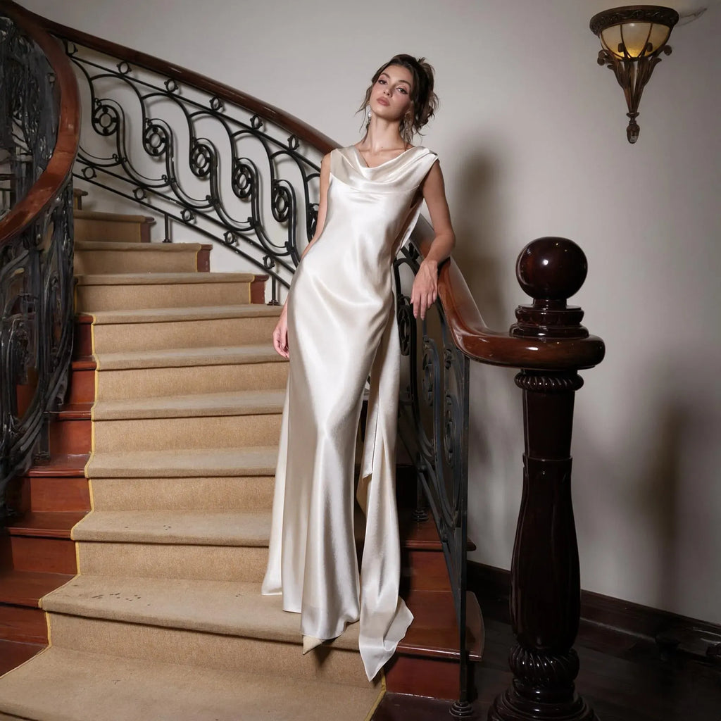 Prom Dress Ivory Satin Cowl Neck Open Back With Draped Bow Glamorous Floor Length For Prom Night
