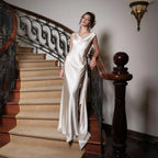 Prom Dress Ivory Satin Cowl Neck Open Back With Draped Bow Glamorous Floor Length For Prom Night