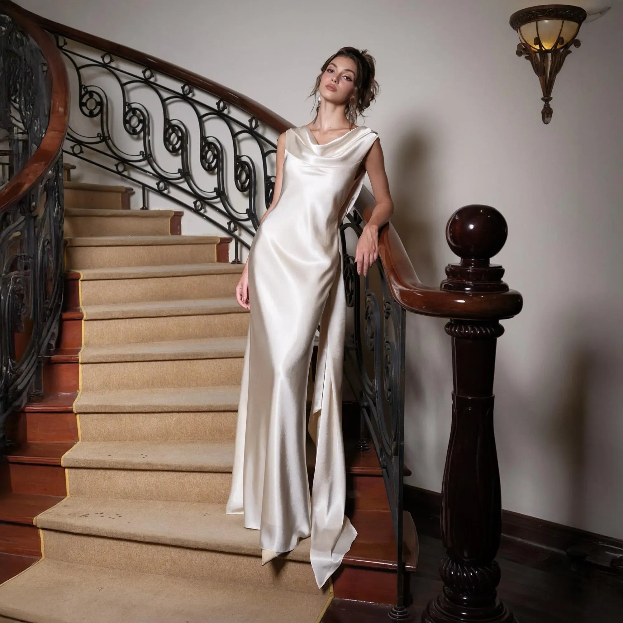 Prom Dress Ivory Satin Cowl Neck Open Back With Draped Bow Glamorous Floor Length For Prom Night