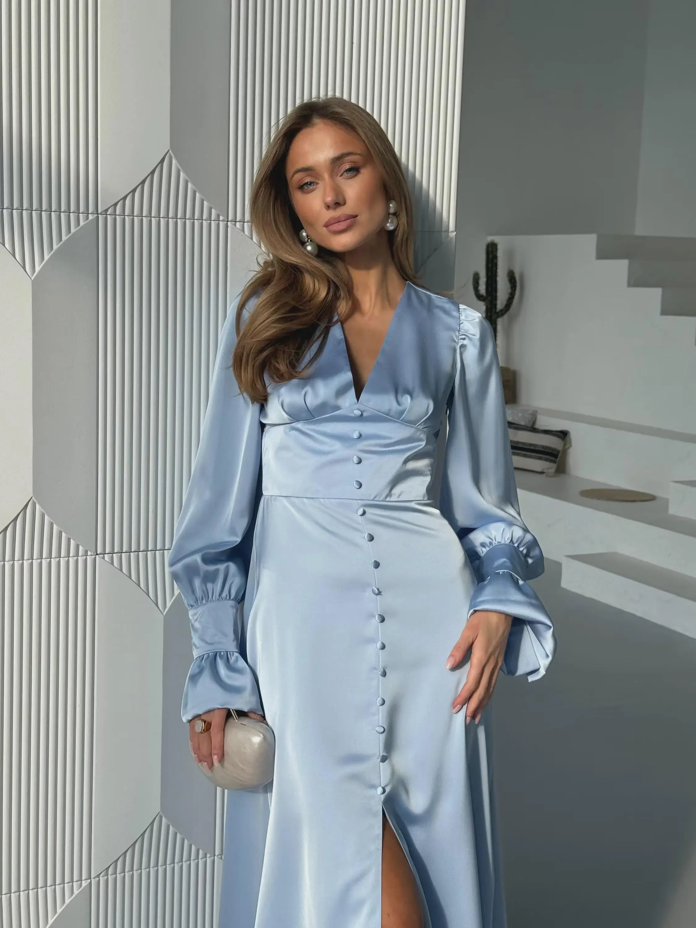 White A-Line V-Neck Long Sleeve Buttons Tea-Length Formal Dress For Female Guests