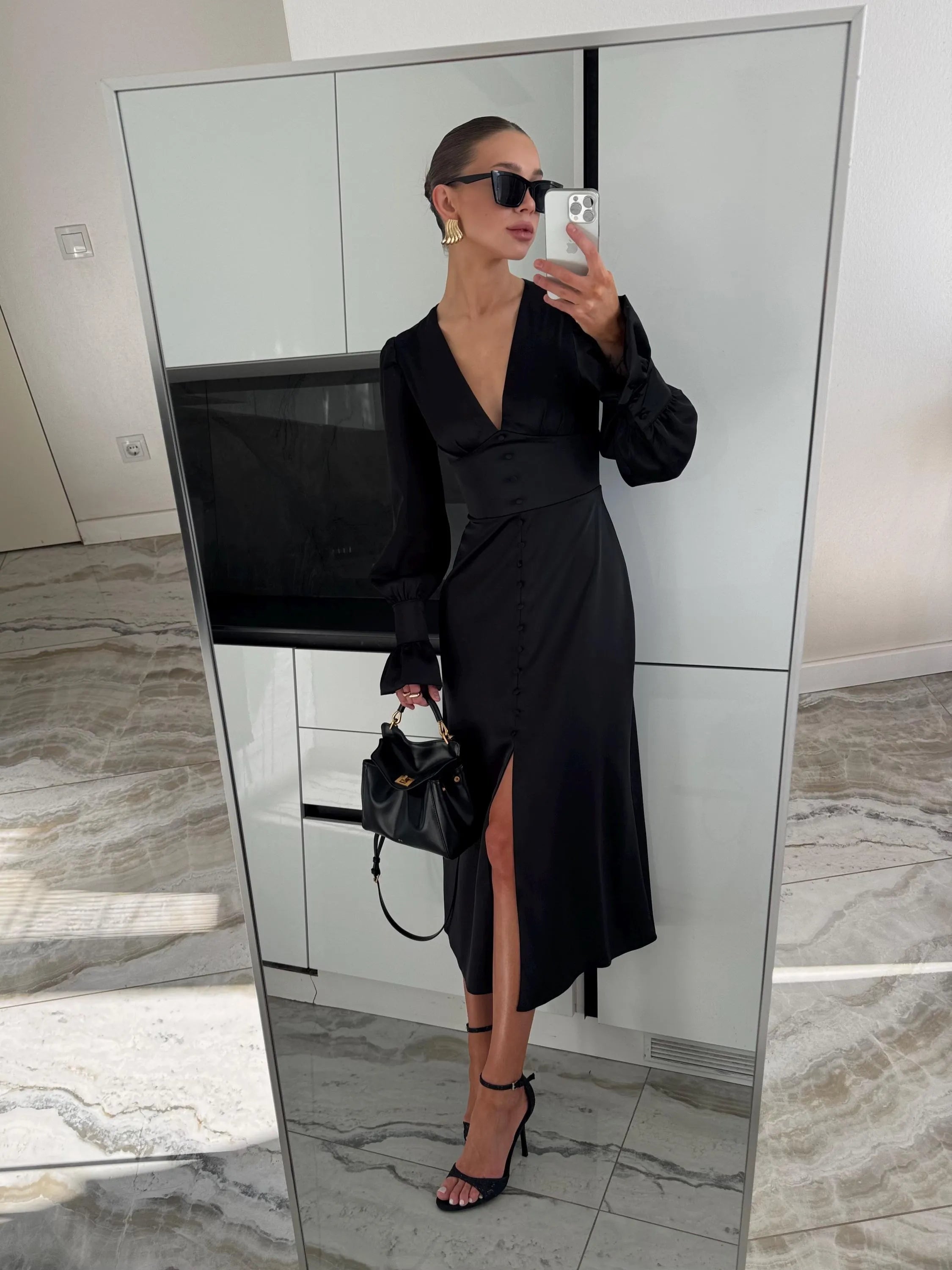White A-Line V-Neck Long Sleeve Buttons Tea-Length Formal Dress For Female Guests