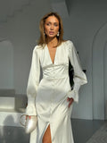 White A-Line V-Neck Long Sleeve Buttons Tea-Length Formal Dress For Female Guests