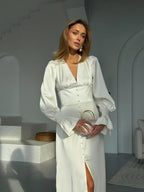White A-Line V-Neck Long Sleeve Buttons Tea-Length Formal Dress For Female Guests
