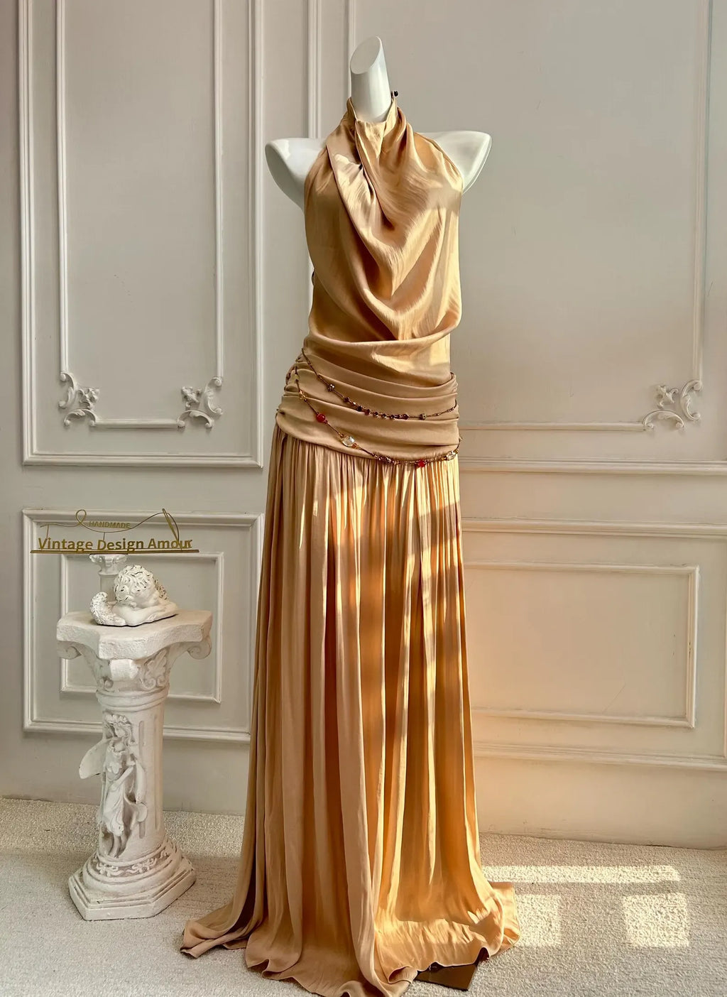 Halter Neck Prom Dress Open Back Ruched Champagne Floor Length Gown For Elegant Teens