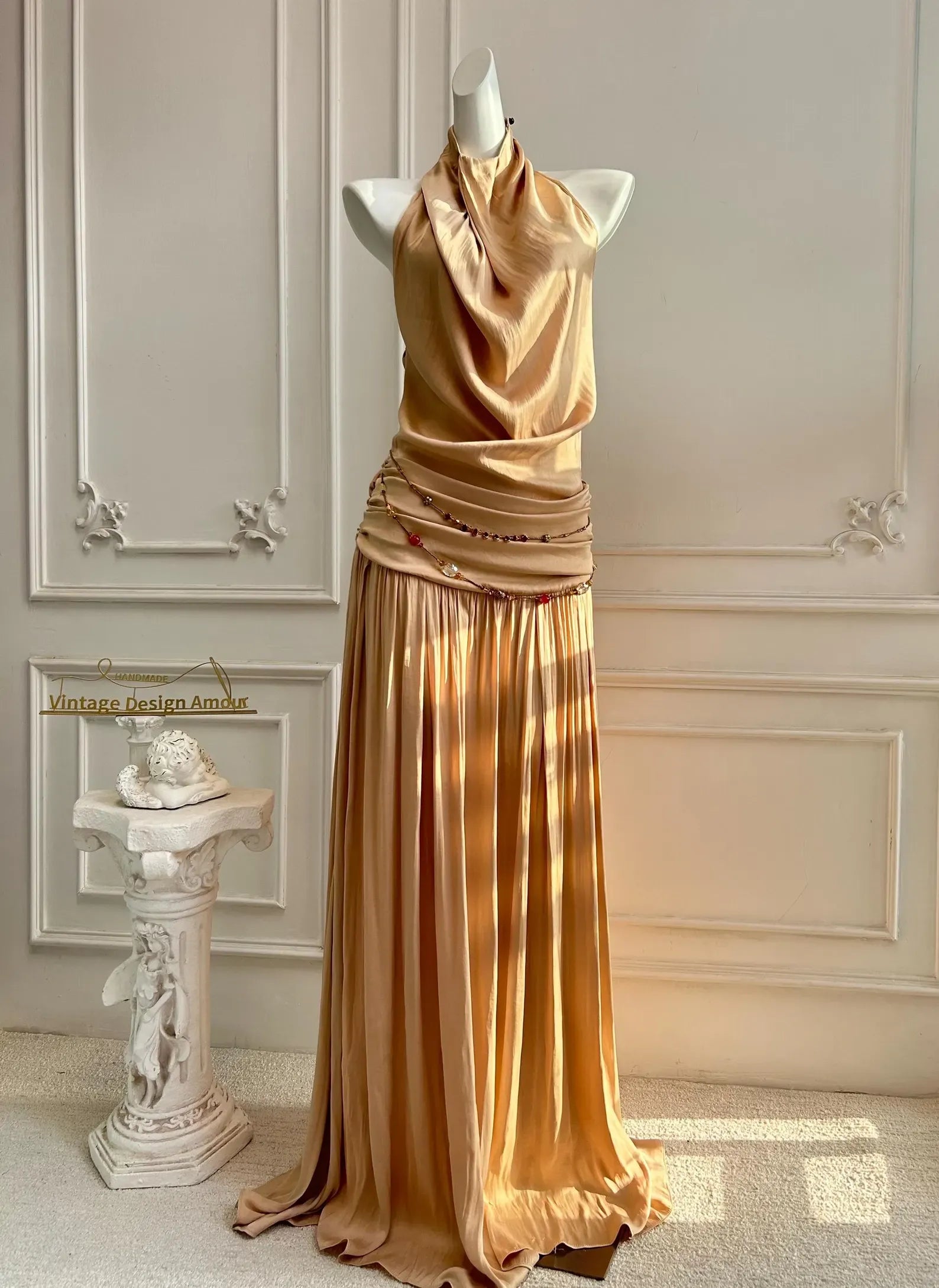 Halter Neck Prom Dress Open Back Ruched Champagne Floor Length Gown For Elegant Teens