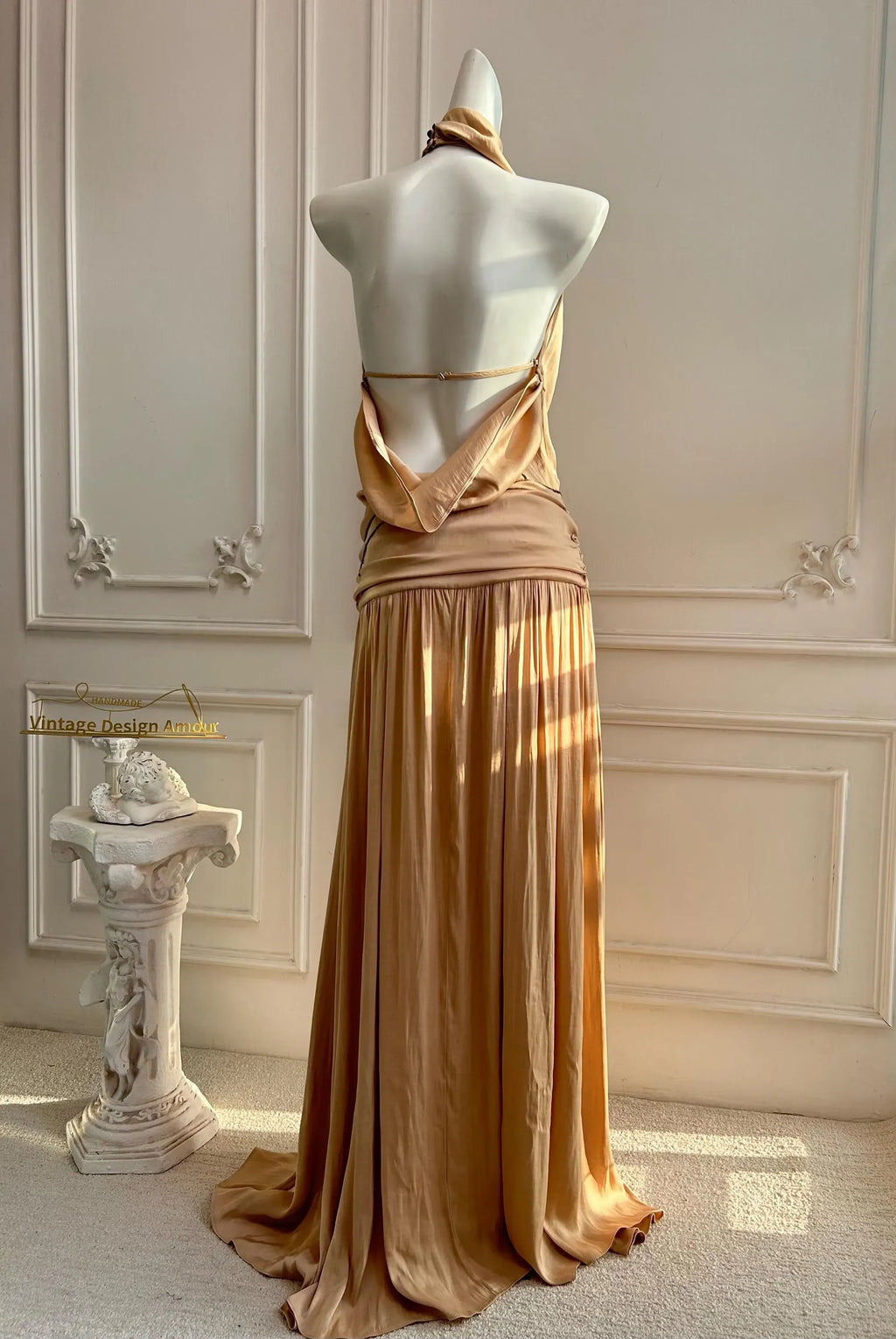 Halter Neck Prom Dress Open Back Ruched Champagne Floor Length Gown For Elegant Teens