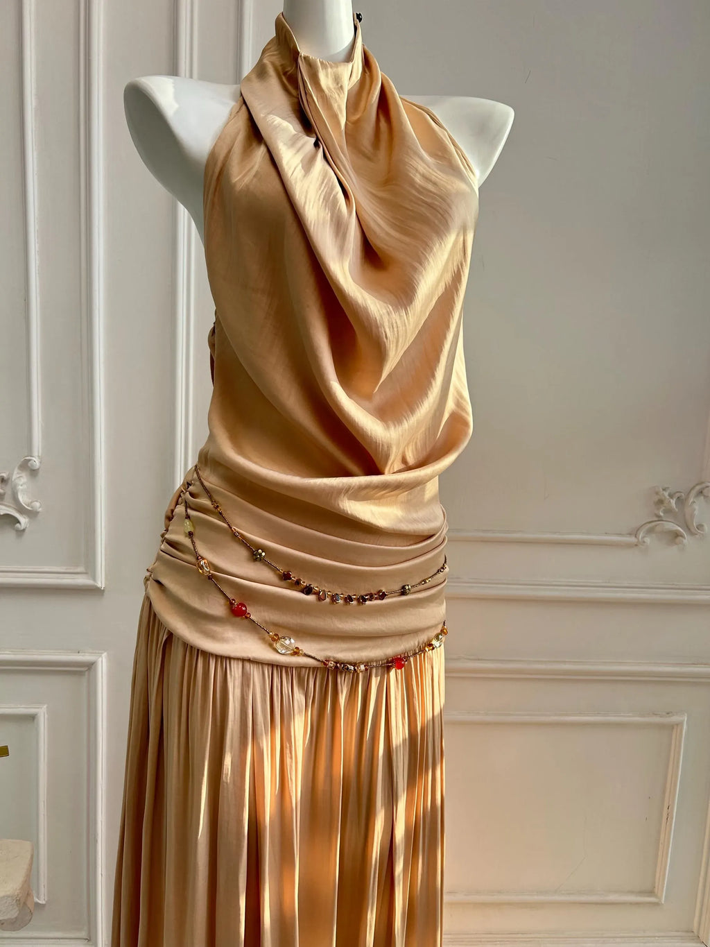 Halter Neck Prom Dress Open Back Ruched Champagne Floor Length Gown For Elegant Teens