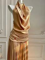 Halter Neck Prom Dress Open Back Ruched Champagne Floor Length Gown For Elegant Teens