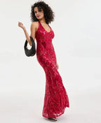 Mermaid Halter-Neck Sleeveless Sequins Floor-Length Evening Dress