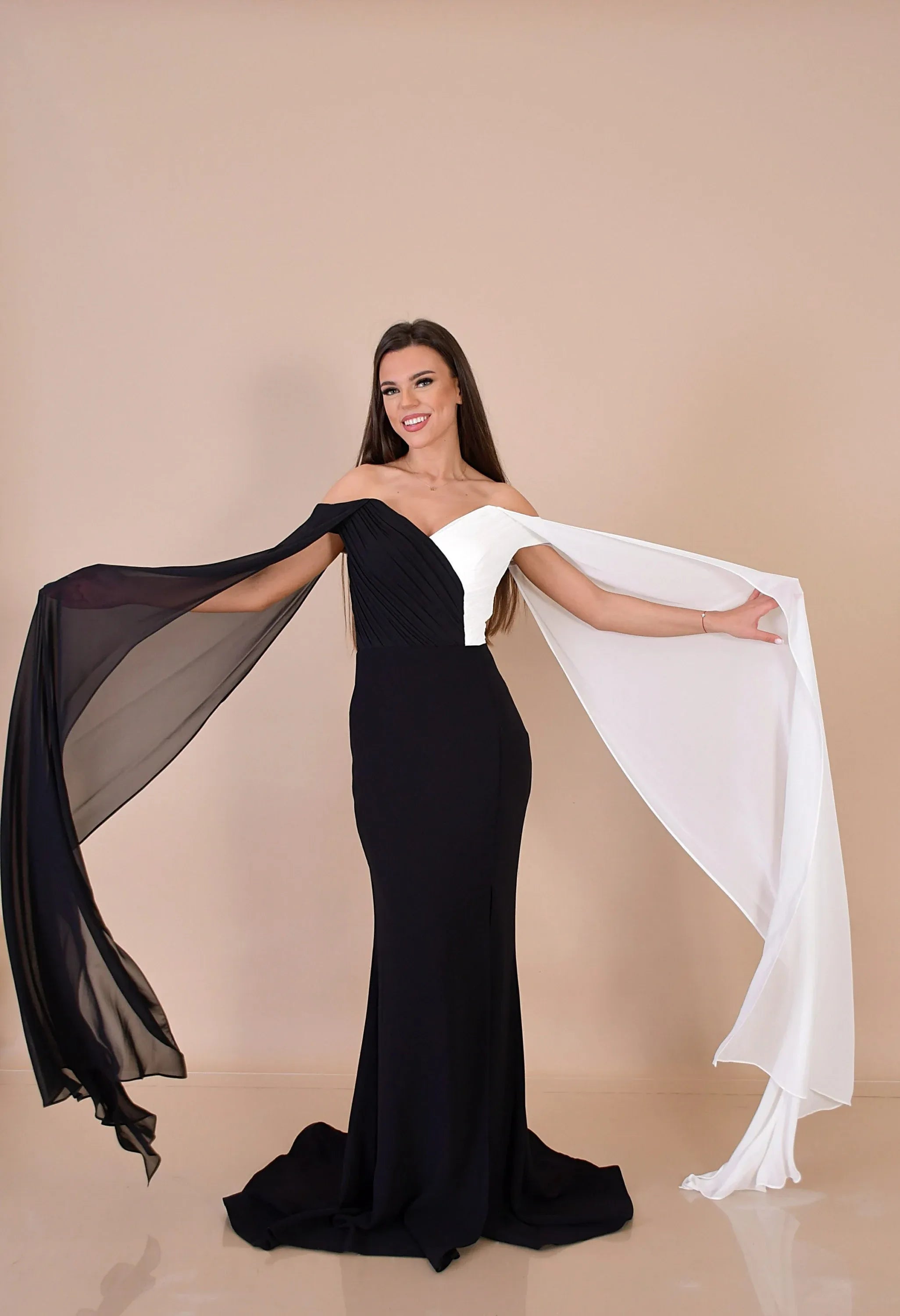 Mermaid Prom Dress With Cape Sleeves Off Shoulder Two Tone Bodice For Glamorous Prom Goers