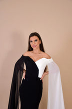 Mermaid Prom Dress With Cape Sleeves Off Shoulder Two Tone Bodice For Glamorous Prom Goers