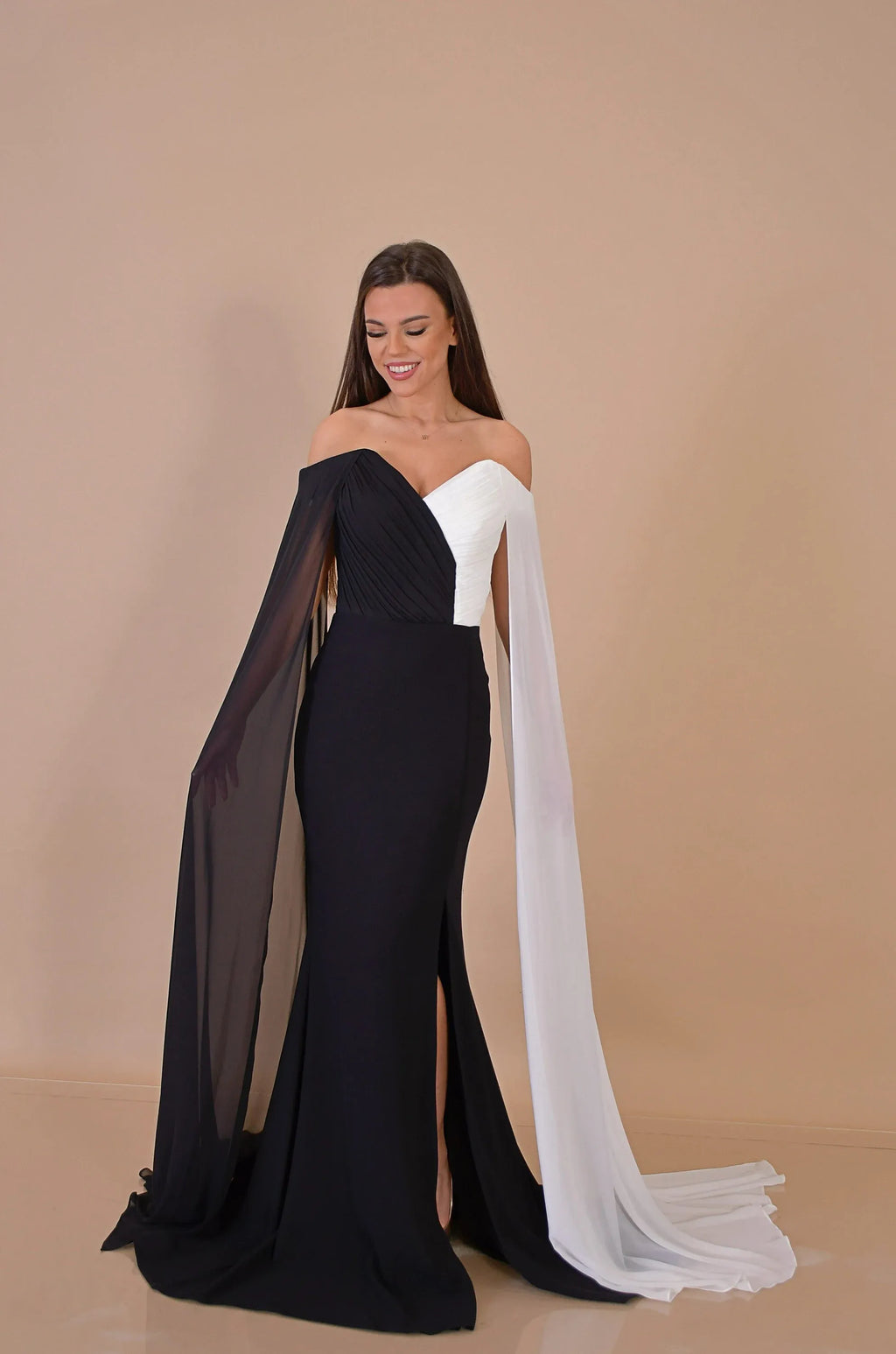 Mermaid Prom Dress With Cape Sleeves Off Shoulder Two Tone Bodice For Glamorous Prom Goers